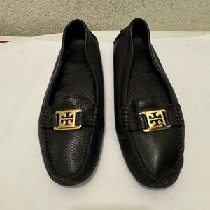 Tory Burch Black Leather Loafers with Gold Accent